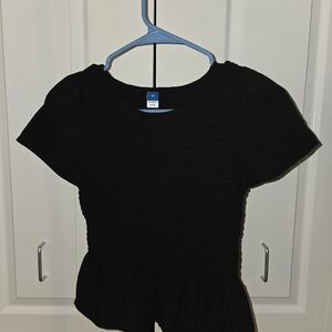 Black Ribbed Top – Textured Bodice & Puff Sleeves (Size XS)